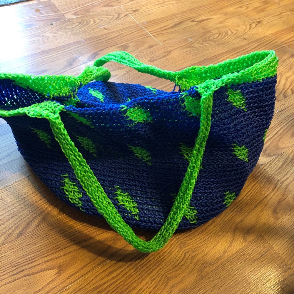 Handmade  recycled plastic Navy & Neon Green Crochet Tote Bag